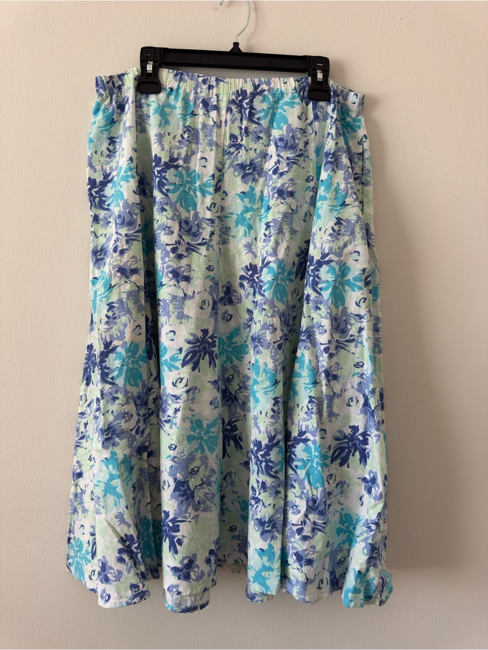 Woman Within Floral Linen A-Line Skirt Size L Blue Teal Midi Boho Skirt